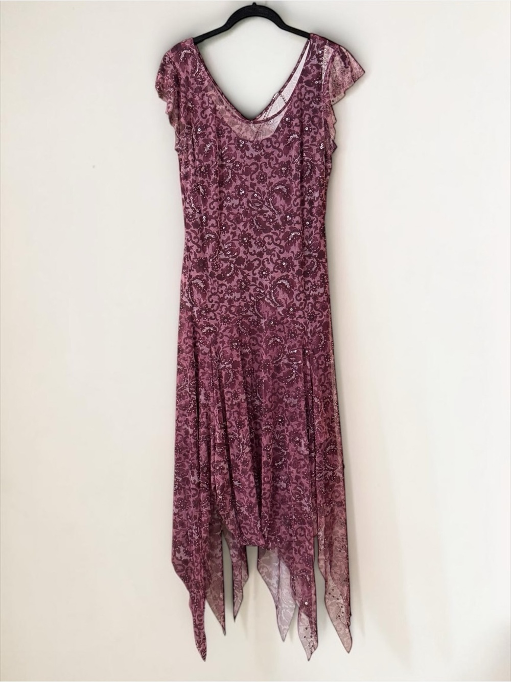 Vintage Y2K E.C.I. Burgundy Embellished Handkerchief Hem Maxi Dress Size 12